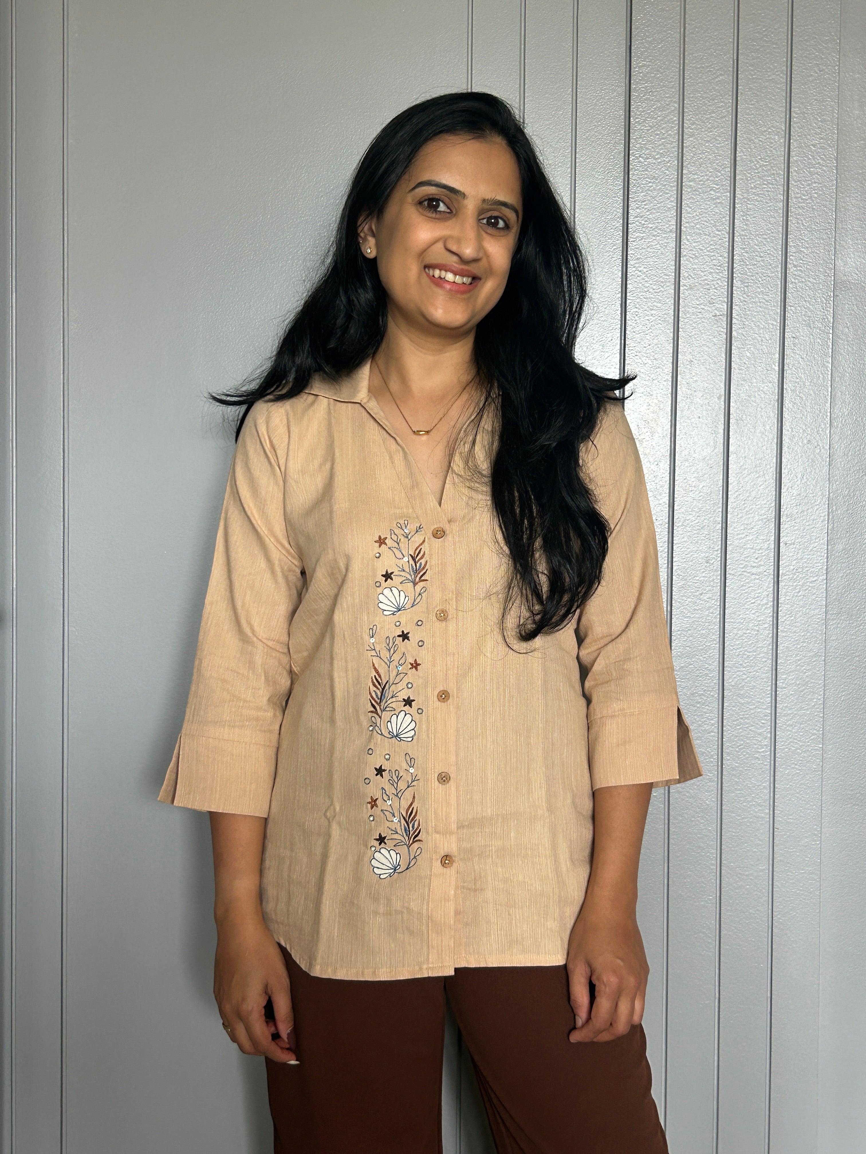 Embroidered Shirt Top - Peach