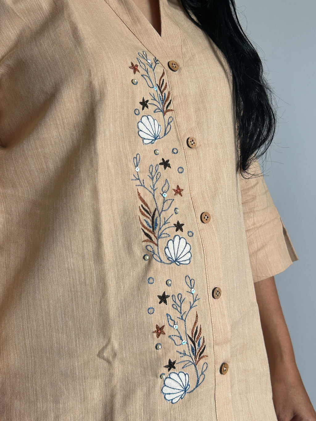 Embroidered Shirt Top - Peach
