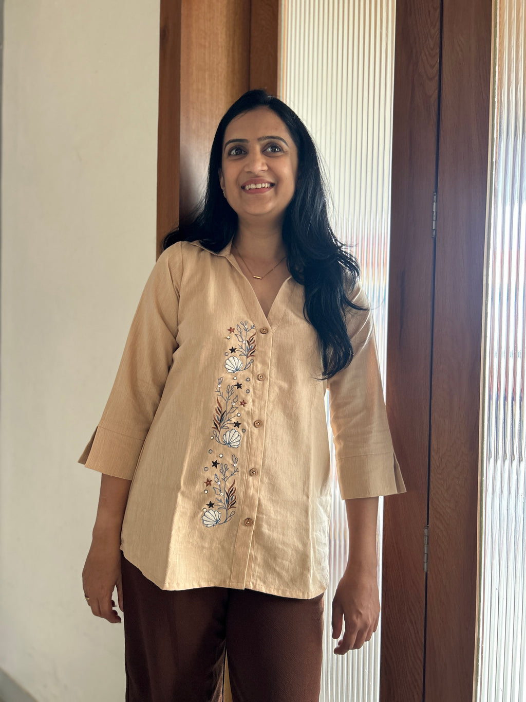 Embroidered Shirt Top - Peach