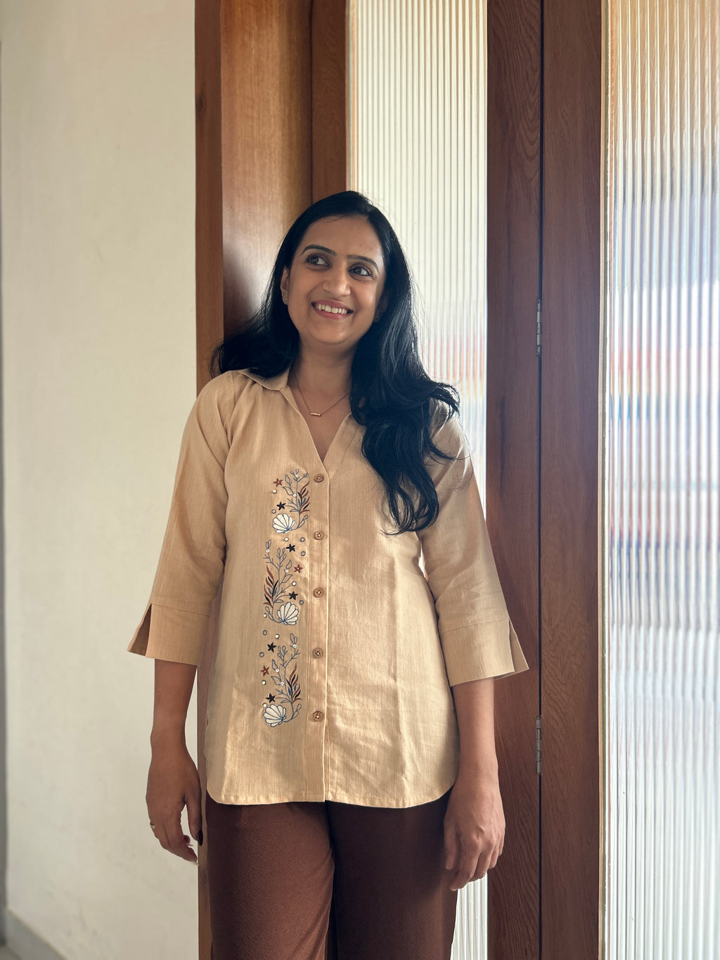 Embroidered Shirt Top - Peach