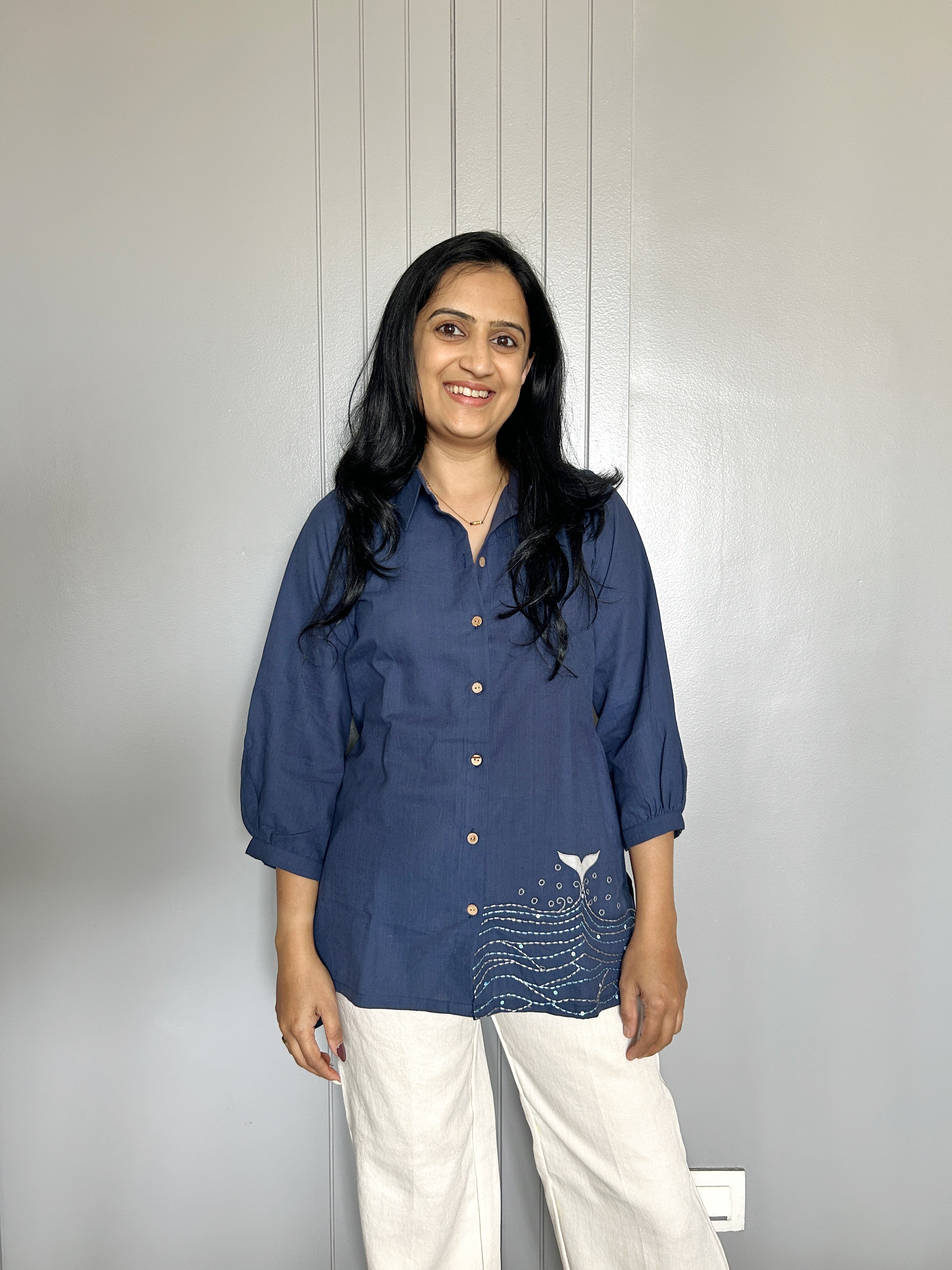 Sea-Inspired Embroidered Shirt Top - Navy Blue