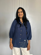Sea-Inspired Embroidered Shirt Top - Navy Blue
