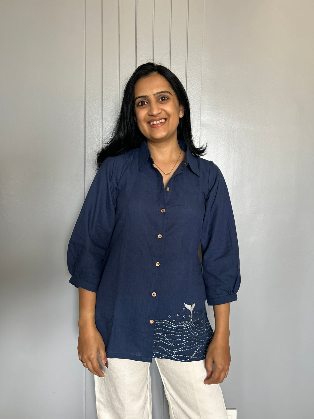 Sea-Inspired Embroidered Shirt Top - Navy Blue