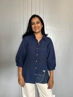 Sea-Inspired Embroidered Shirt Top - Navy Blue