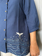 Sea-Inspired Embroidered Shirt Top - Navy Blue