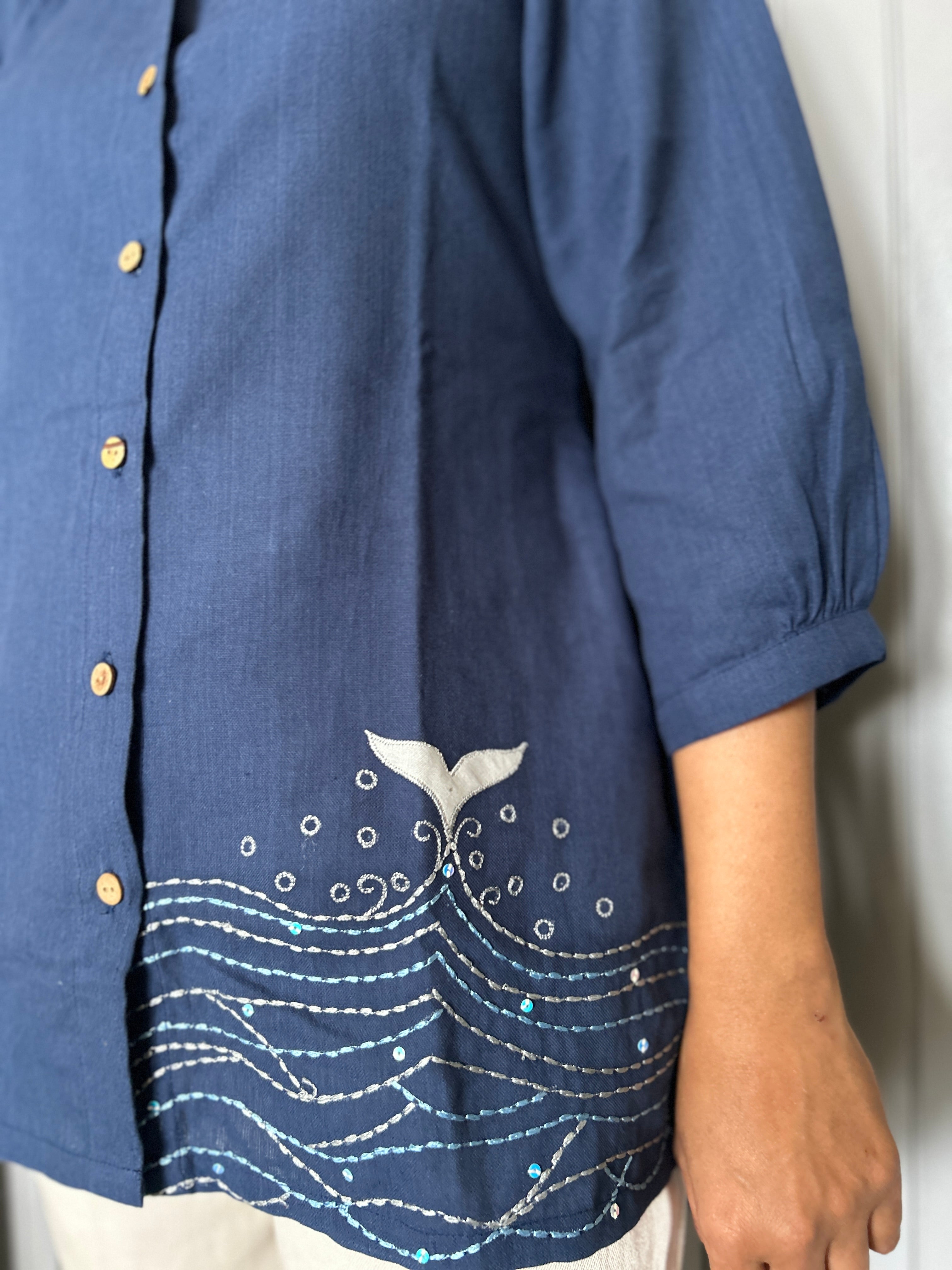 Sea-Inspired Embroidered Shirt Top - Navy Blue