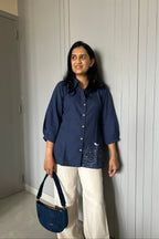 Sea-Inspired Embroidered Shirt Top - Navy Blue
