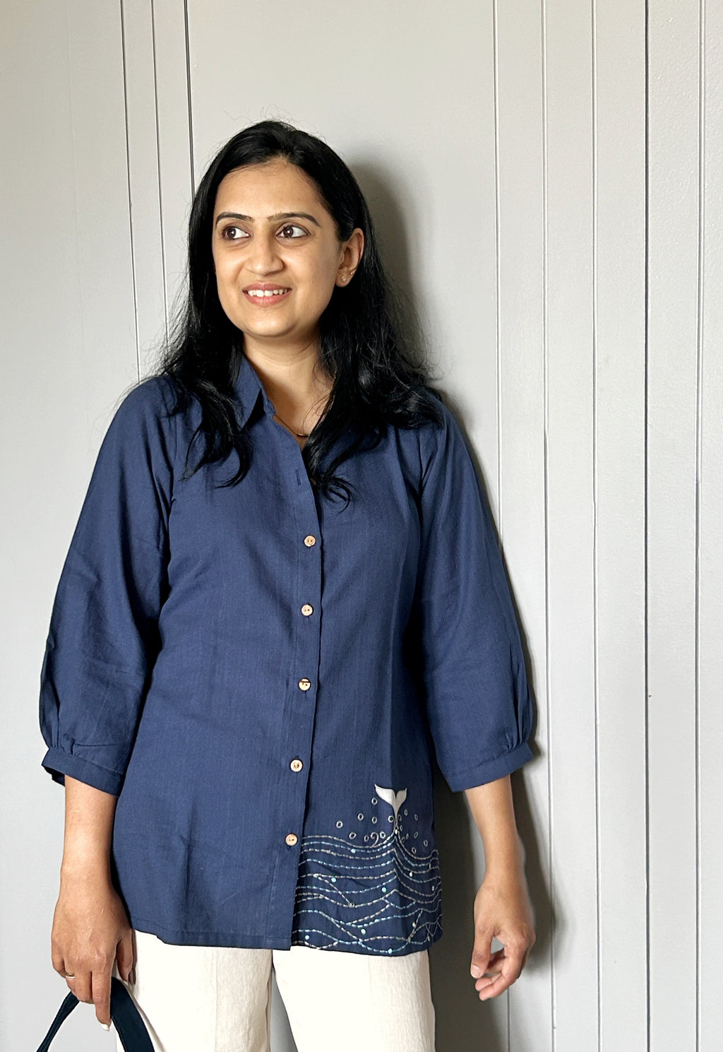 Sea-Inspired Embroidered Shirt Top - Navy Blue