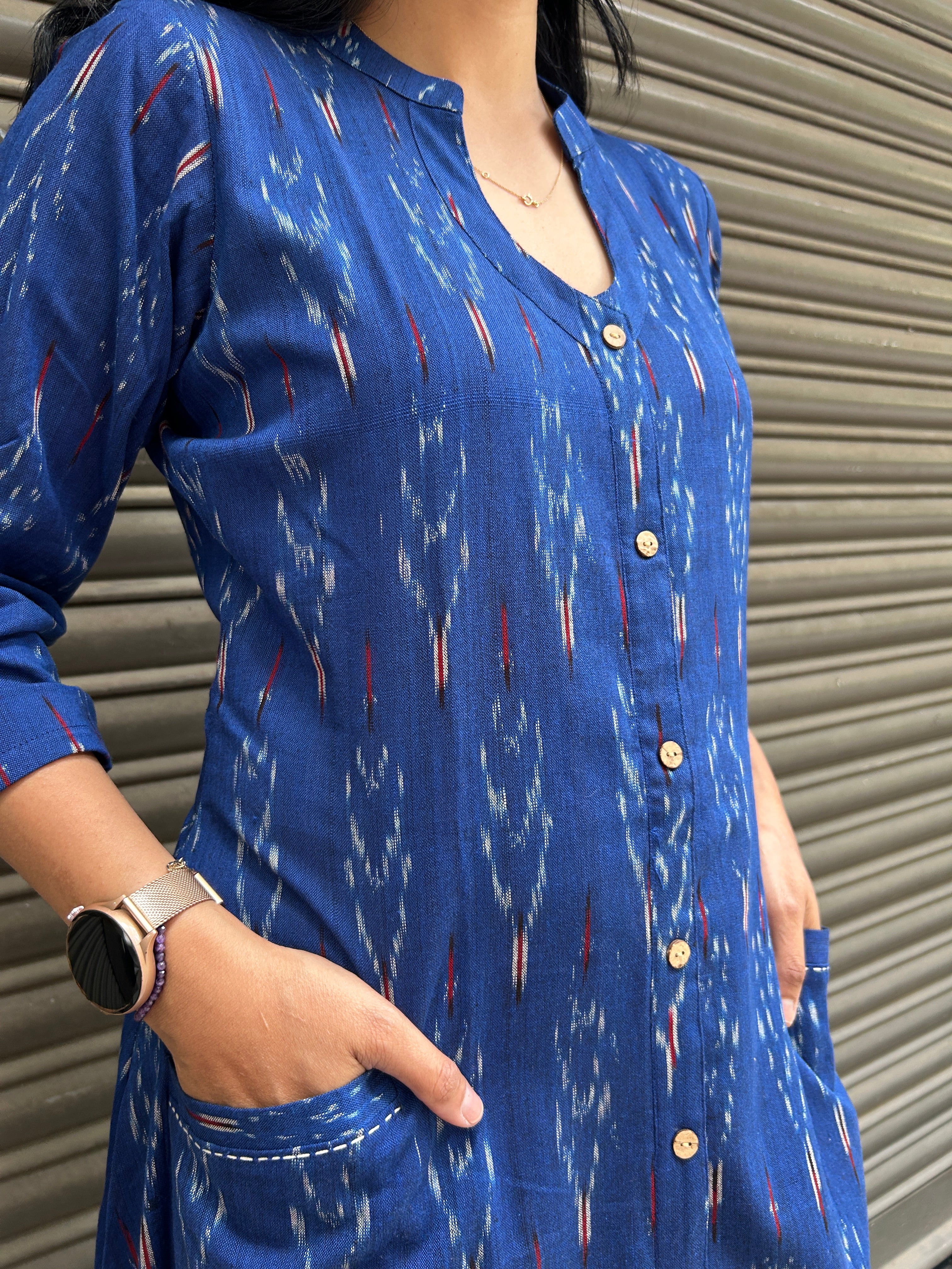 Woman's Casual Dress - Blue Ikat