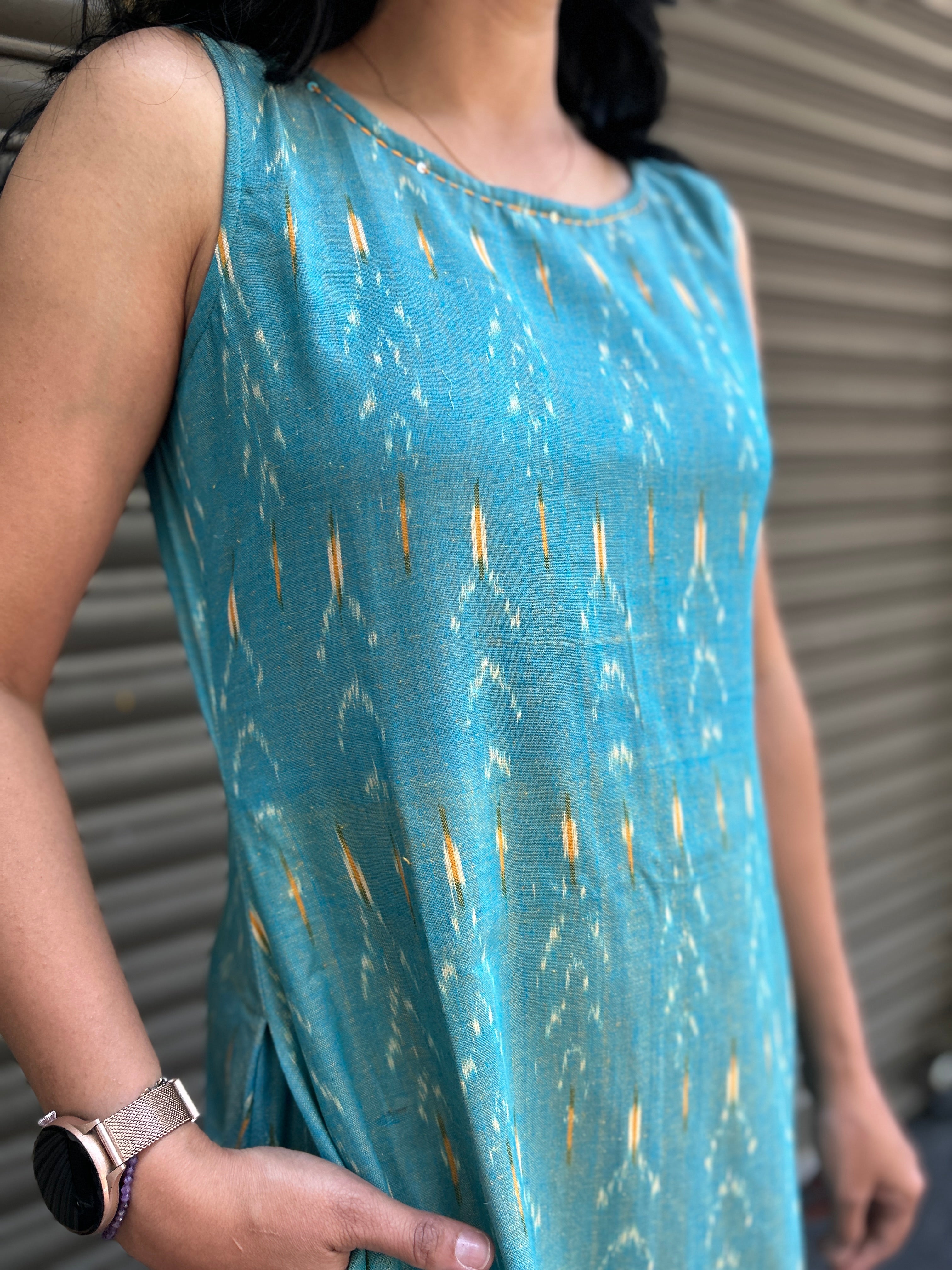 Woman's Casual Dress - Blue Ikat