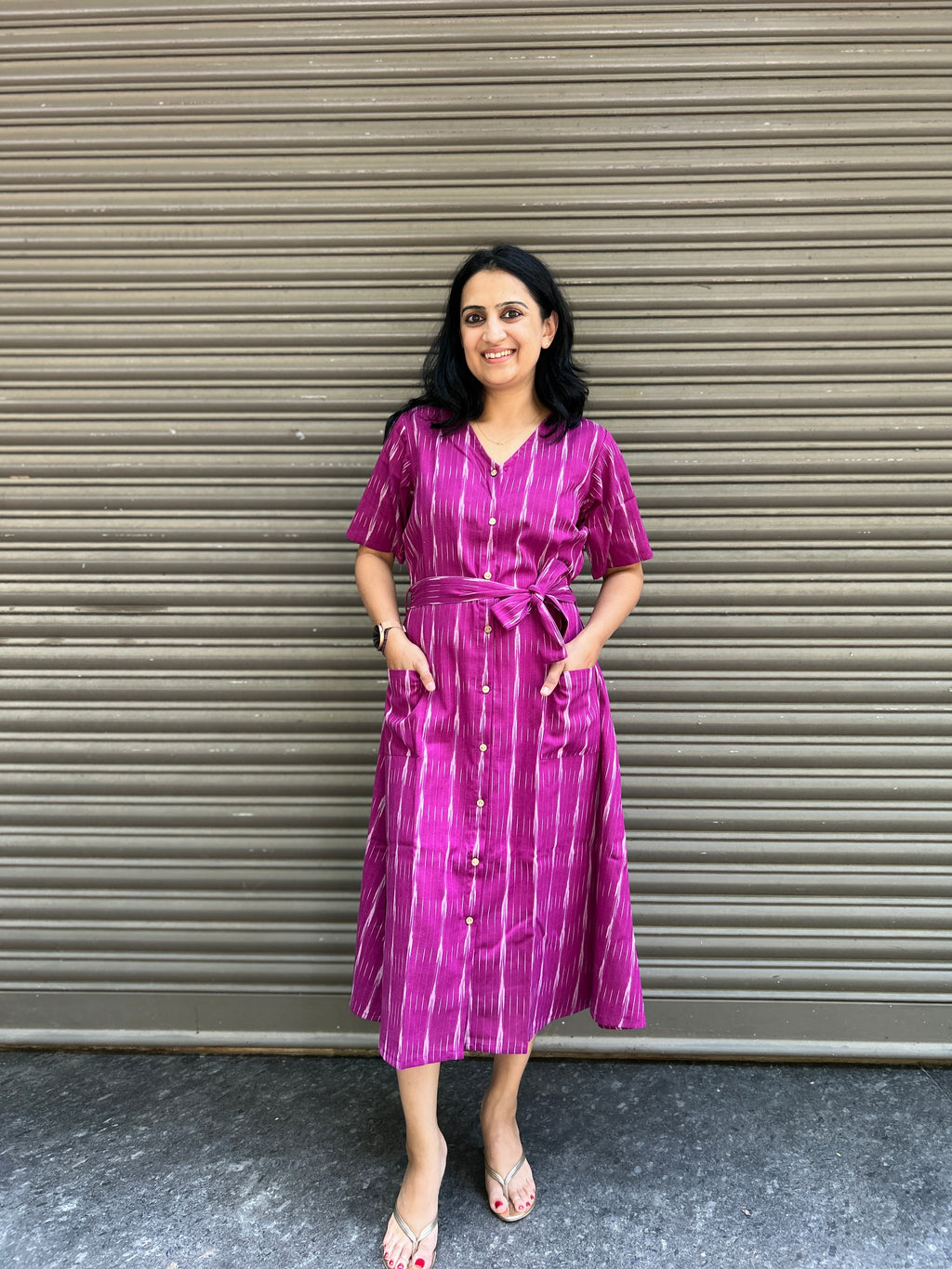 Ikat A-Line Dress with Belt and Front Pockets - Purple