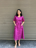 Ikat A-Line Dress with Belt and Front Pockets - Purple