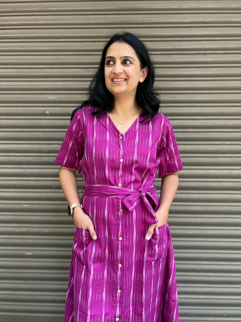 Ikat A-Line Dress with Belt and Front Pockets - Purple