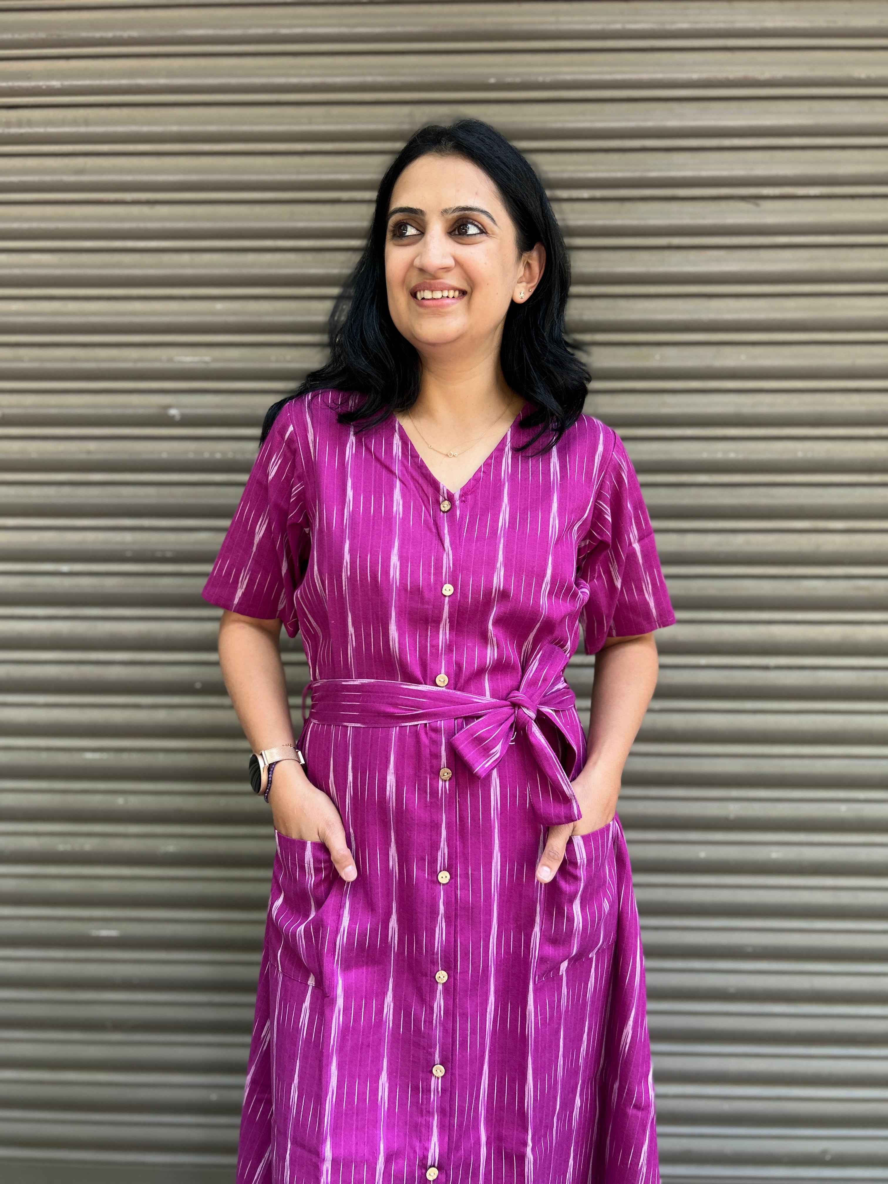 Ikat A-Line Dress with Belt and Front Pockets - Purple