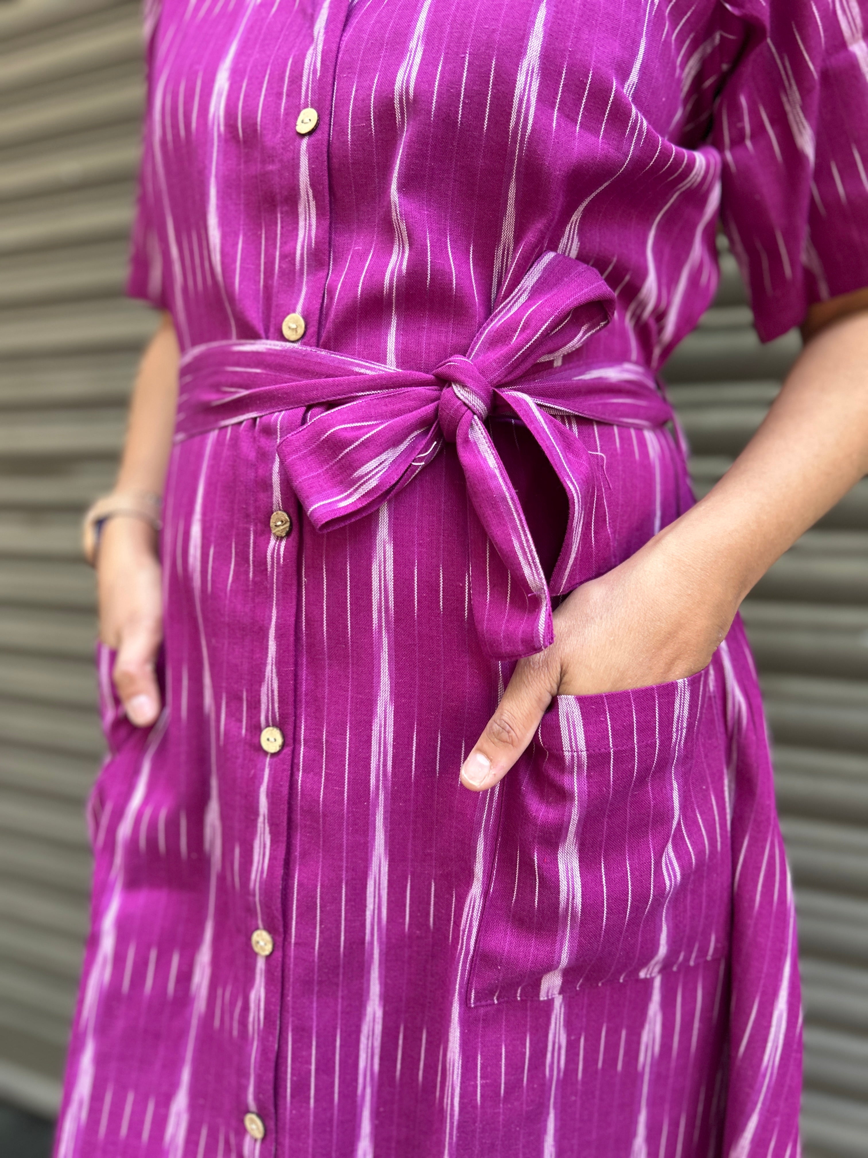 Ikat A-Line Dress with Belt and Front Pockets - Purple