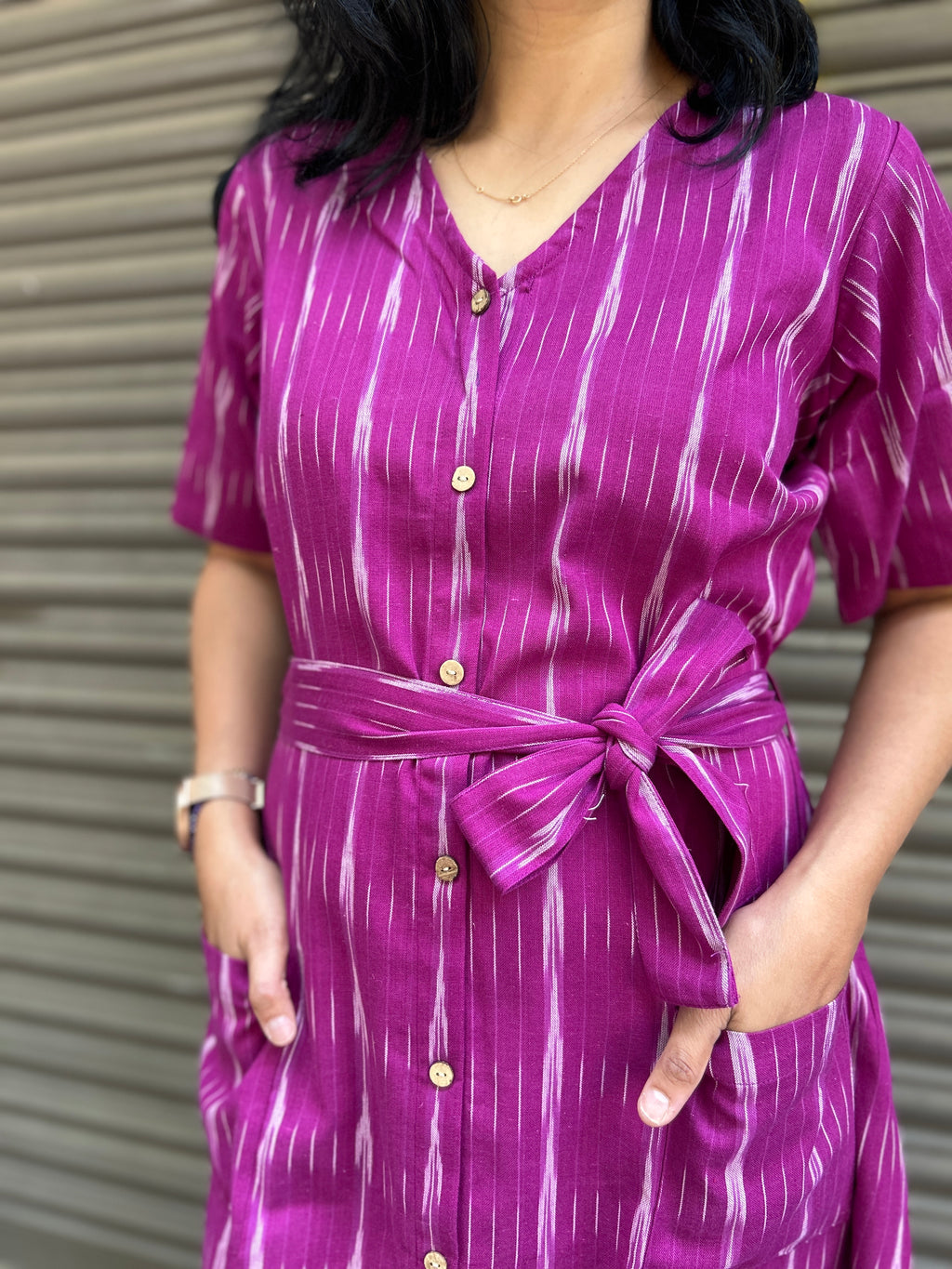 Ikat A-Line Dress with Belt and Front Pockets - Purple