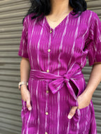 Ikat A-Line Dress with Belt and Front Pockets - Purple