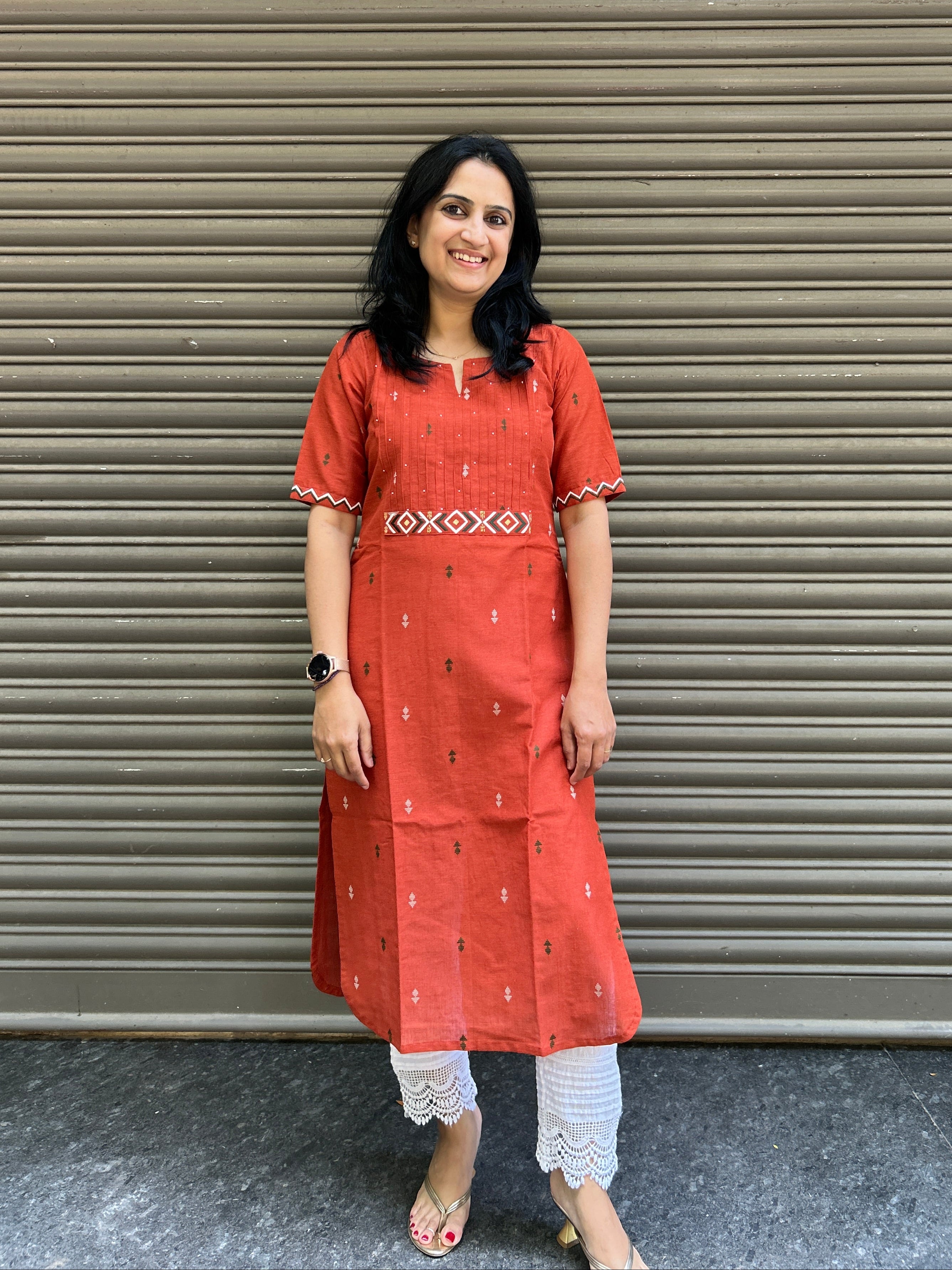 Cotton Kurti with Handwork - Rust