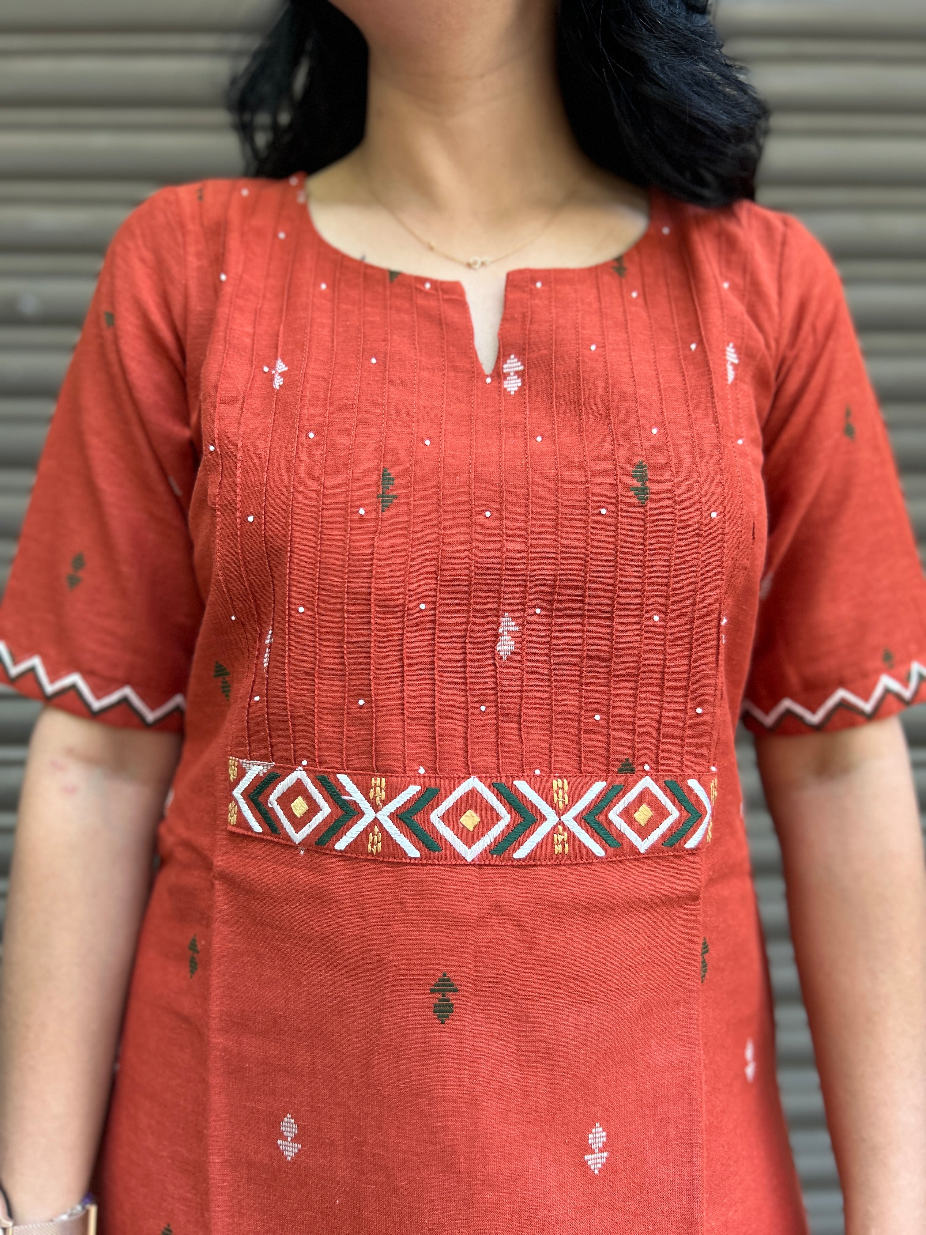 Cotton Kurti with Handwork - Rust