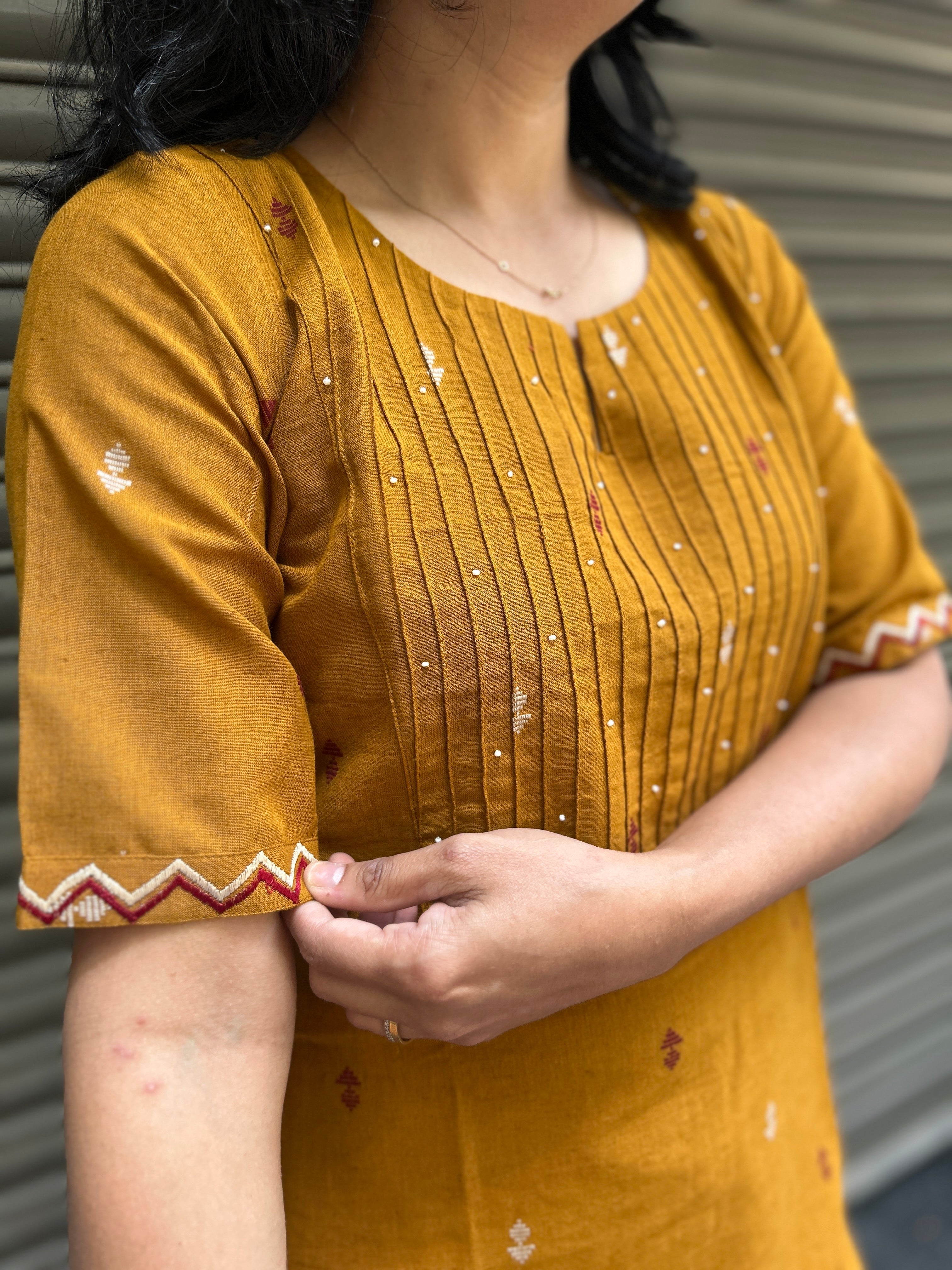 Cotton Kurti with Handwork - Mustard