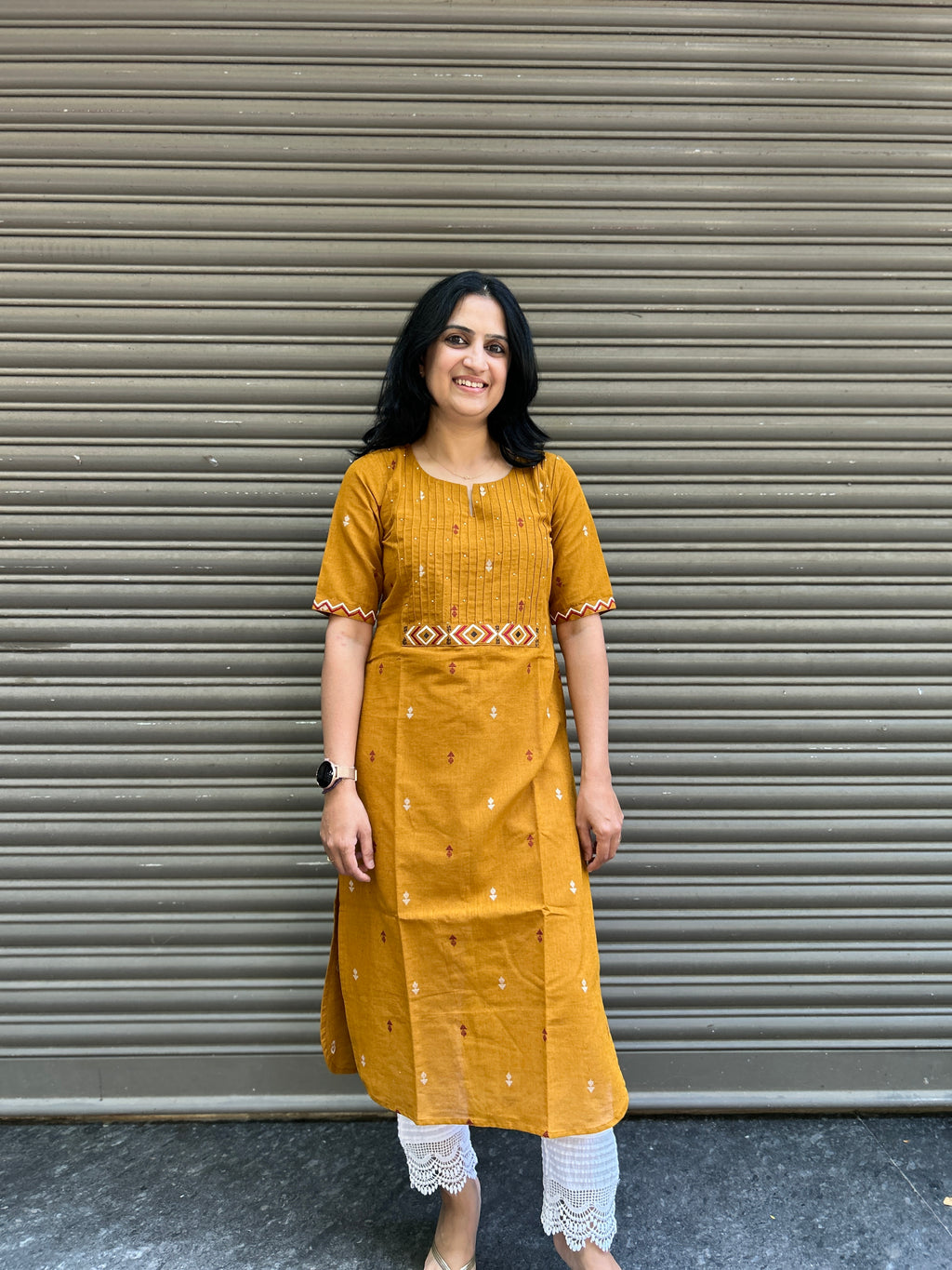 Cotton Kurti with Handwork - Mustard
