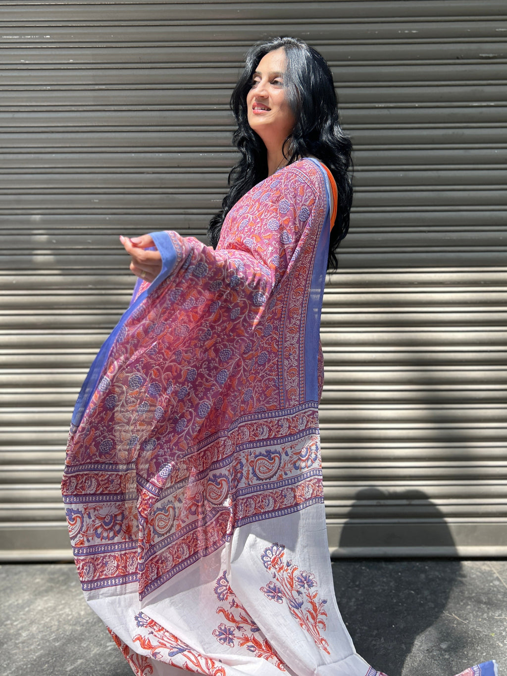Baagru Mul Cotton Saree - Pink Orange Floral
