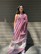 Baagru Mul Cotton Saree - Pink Orange Floral