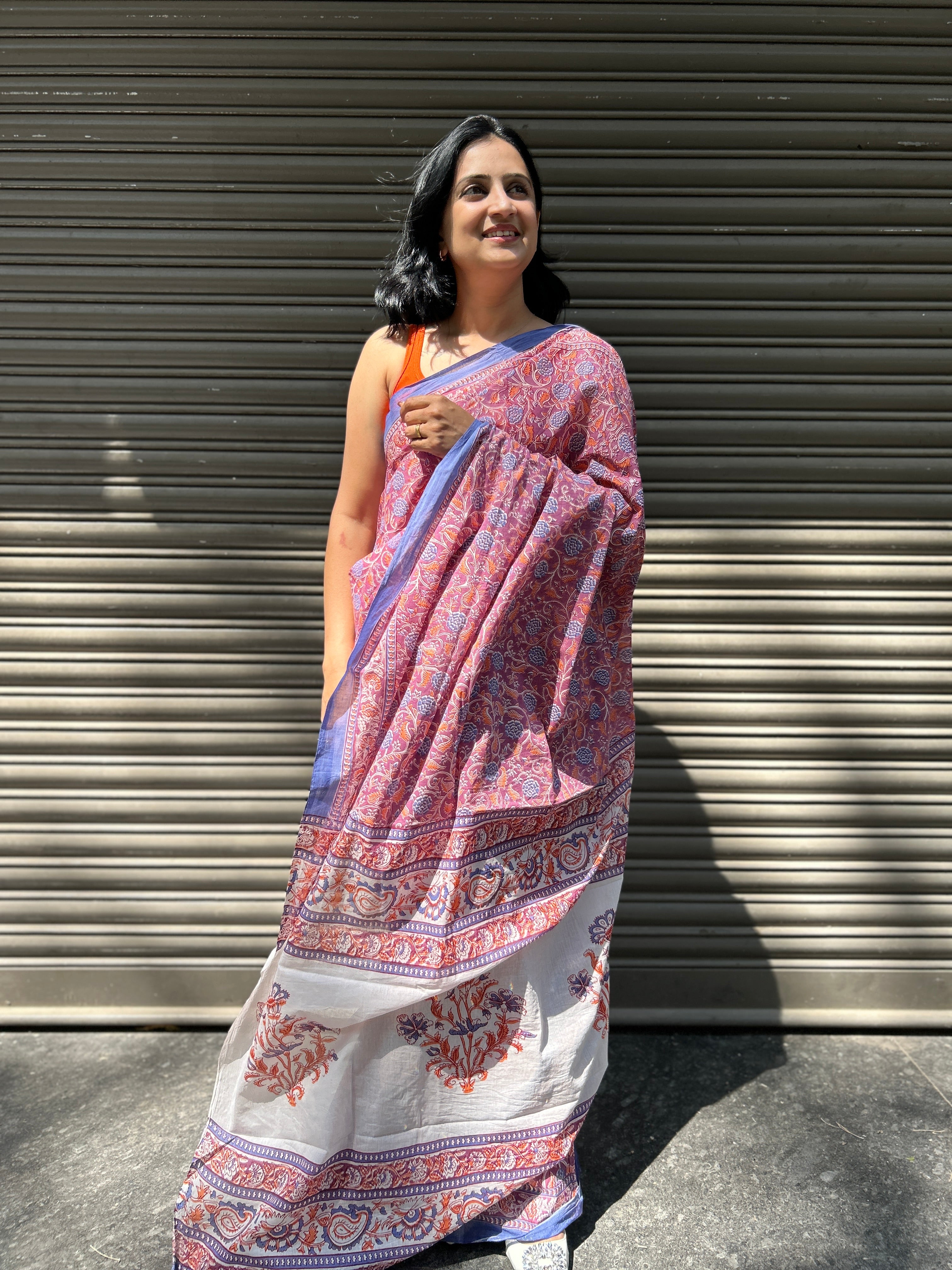 Baagru Mul Cotton Saree - Pink Orange Floral