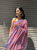 Baagru Mul Cotton Saree - Pink Orange Floral