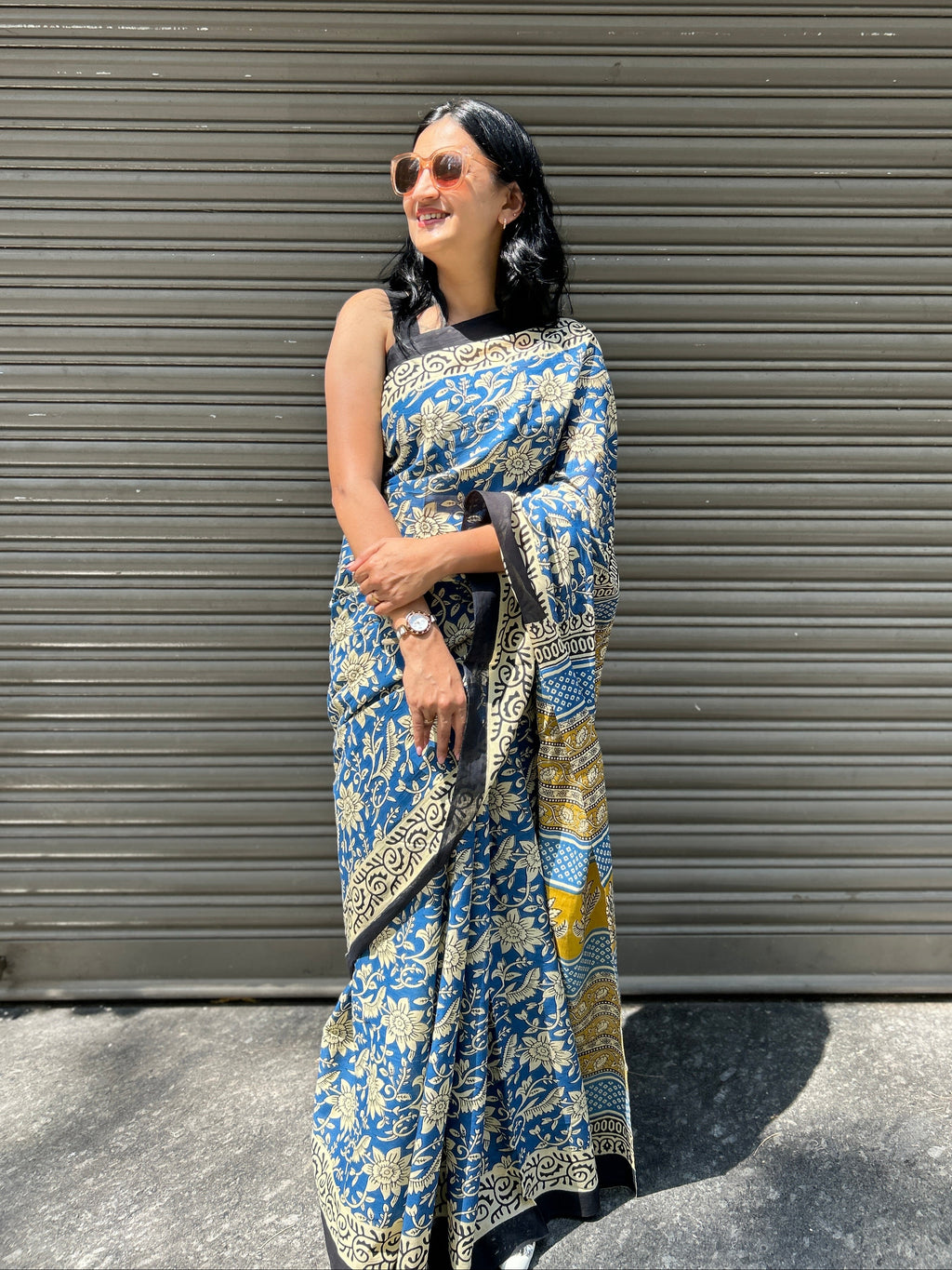 Baagru Mul Cotton Saree - Blue Floral