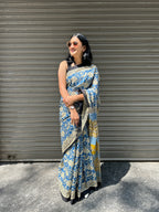 Baagru Mul Cotton Saree - Blue Floral