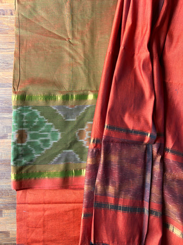 Pattu Silk Ikat Suit Set - Green & Rust