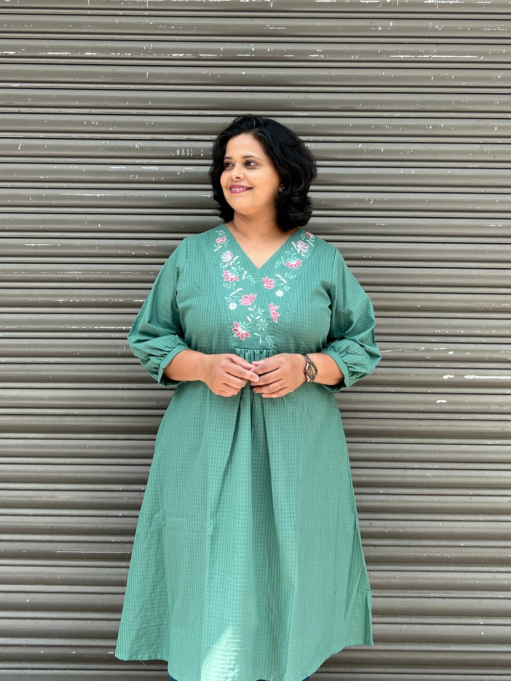 Woman's Semi Festive Cotton Kurti - Sage Green