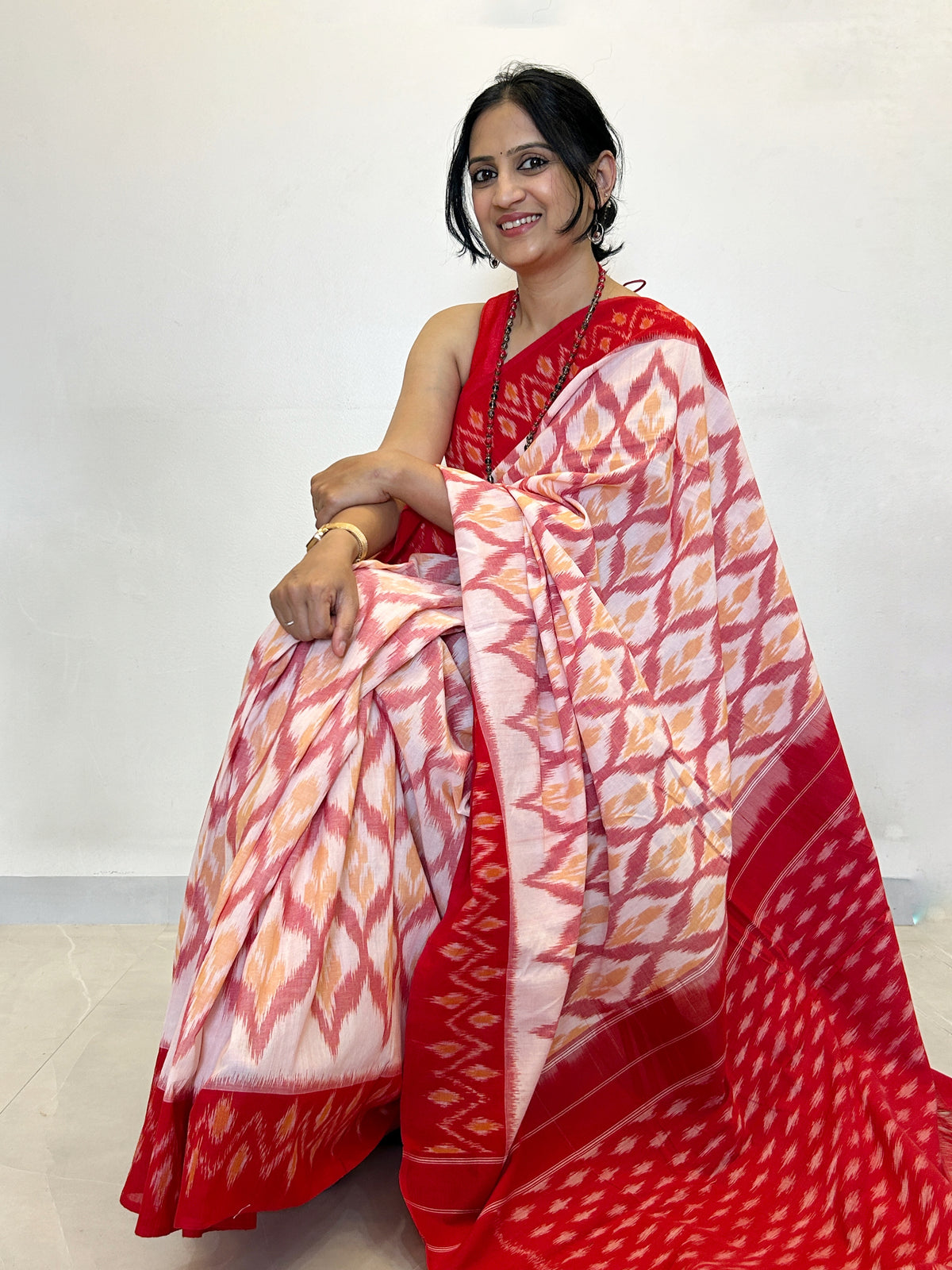 Ikat Saree - Red and White