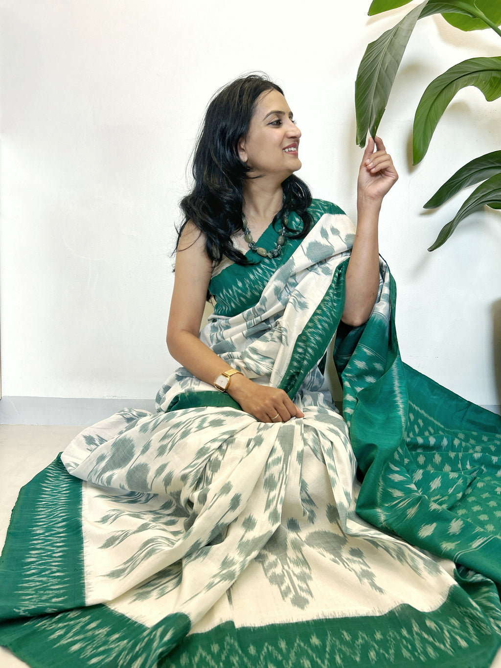 Ikat Saree - Green and Off White