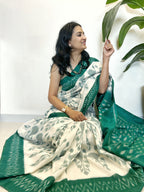 Ikat Saree - Green and Off White