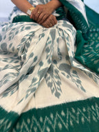 Ikat Saree - Green and Off White