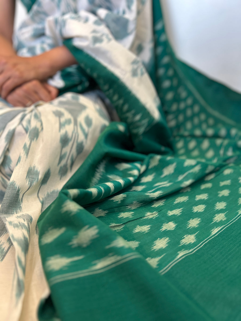 Ikat Saree - Green and Off White