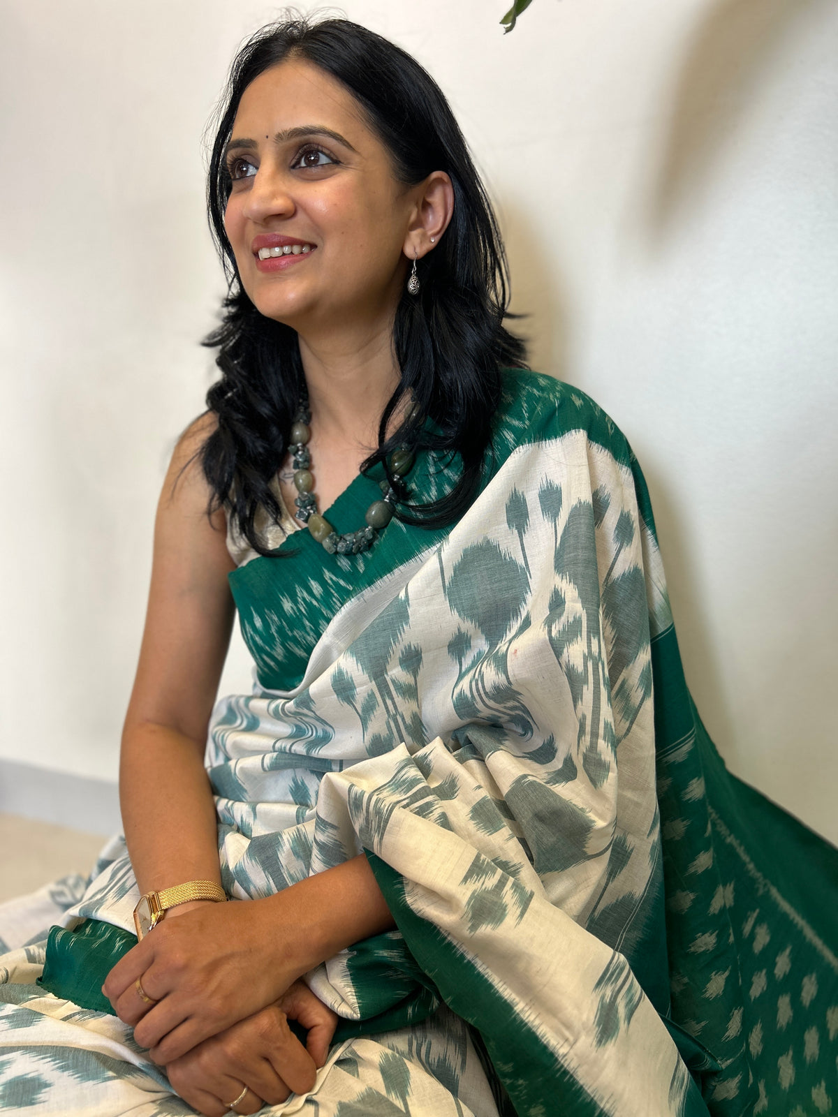 Ikat Saree - Green and Off White