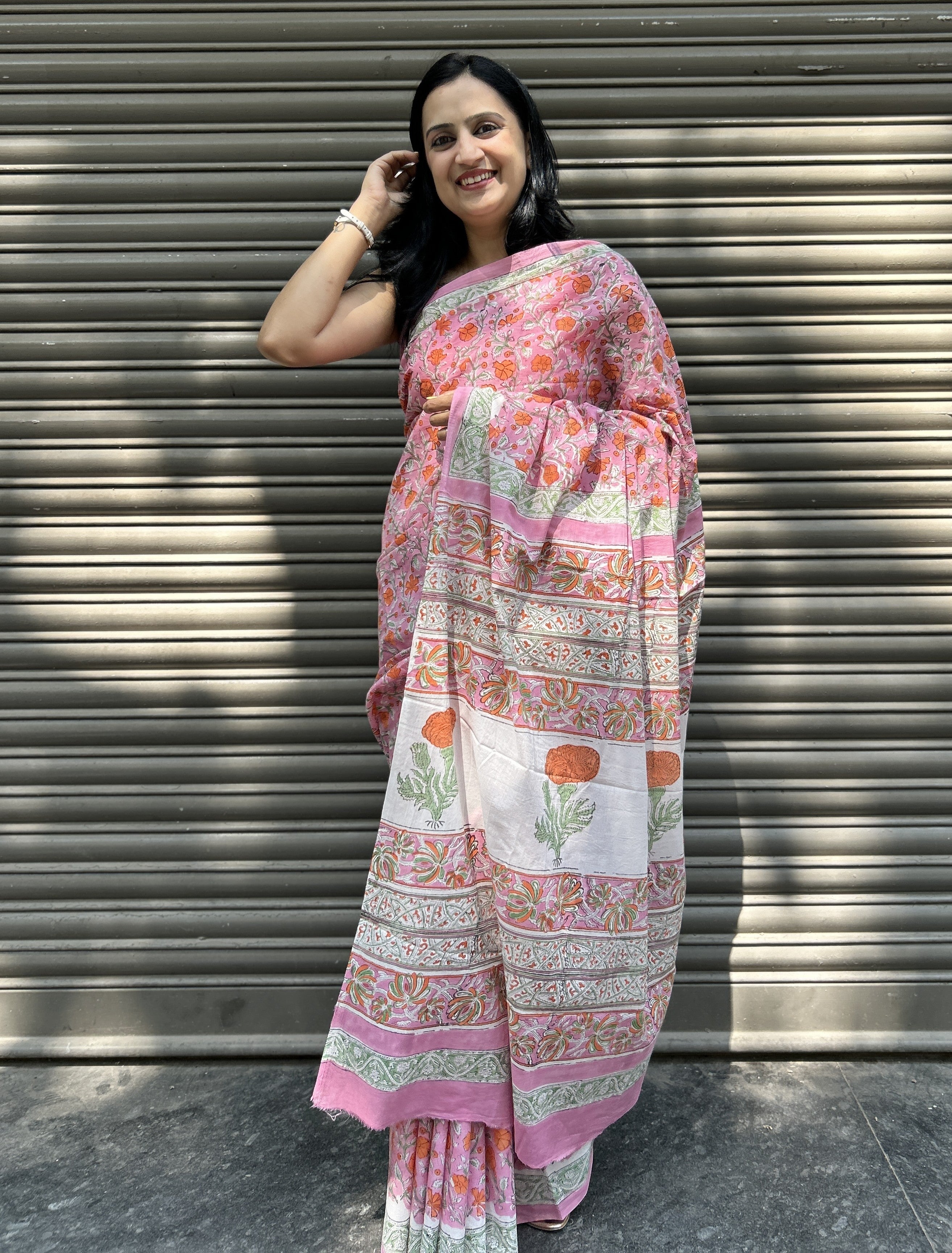 Baagru Mul Cotton Saree - Pink