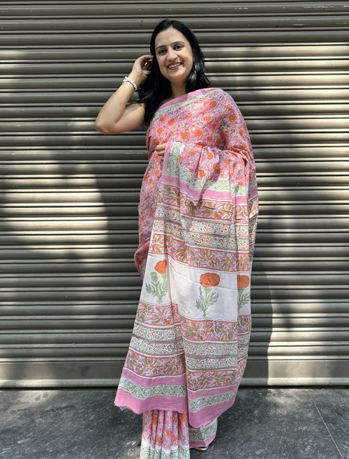 Baagru Mul Cotton Saree - Pink