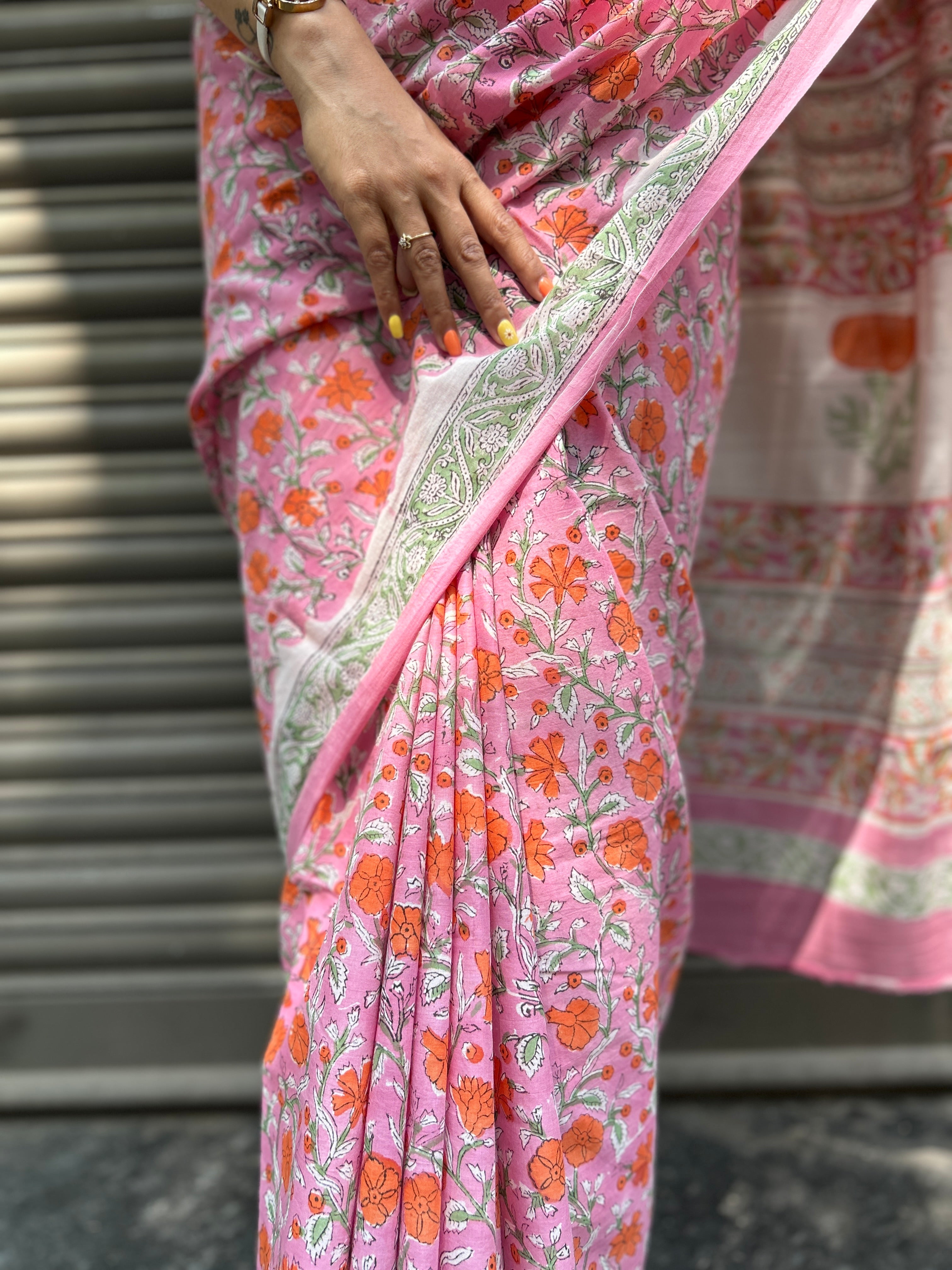 Baagru Mul Cotton Saree - Pink