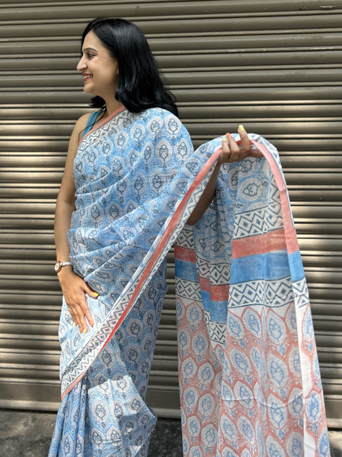 Baagru Mul Cotton Saree - Blue & Peach