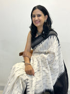 Ikat Saree - Ivory White with Black Border