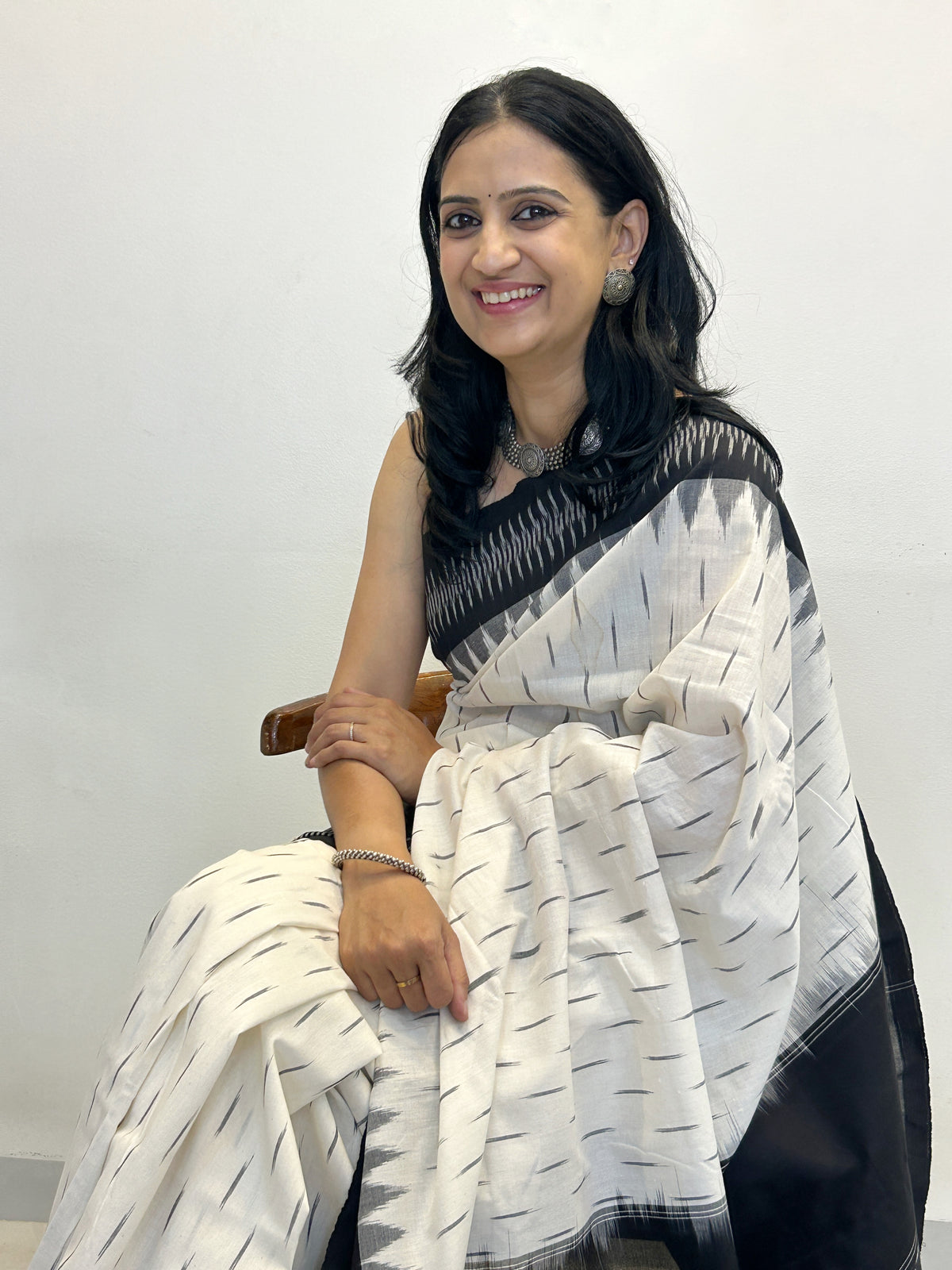 Ikat Saree - Ivory White with Black Border