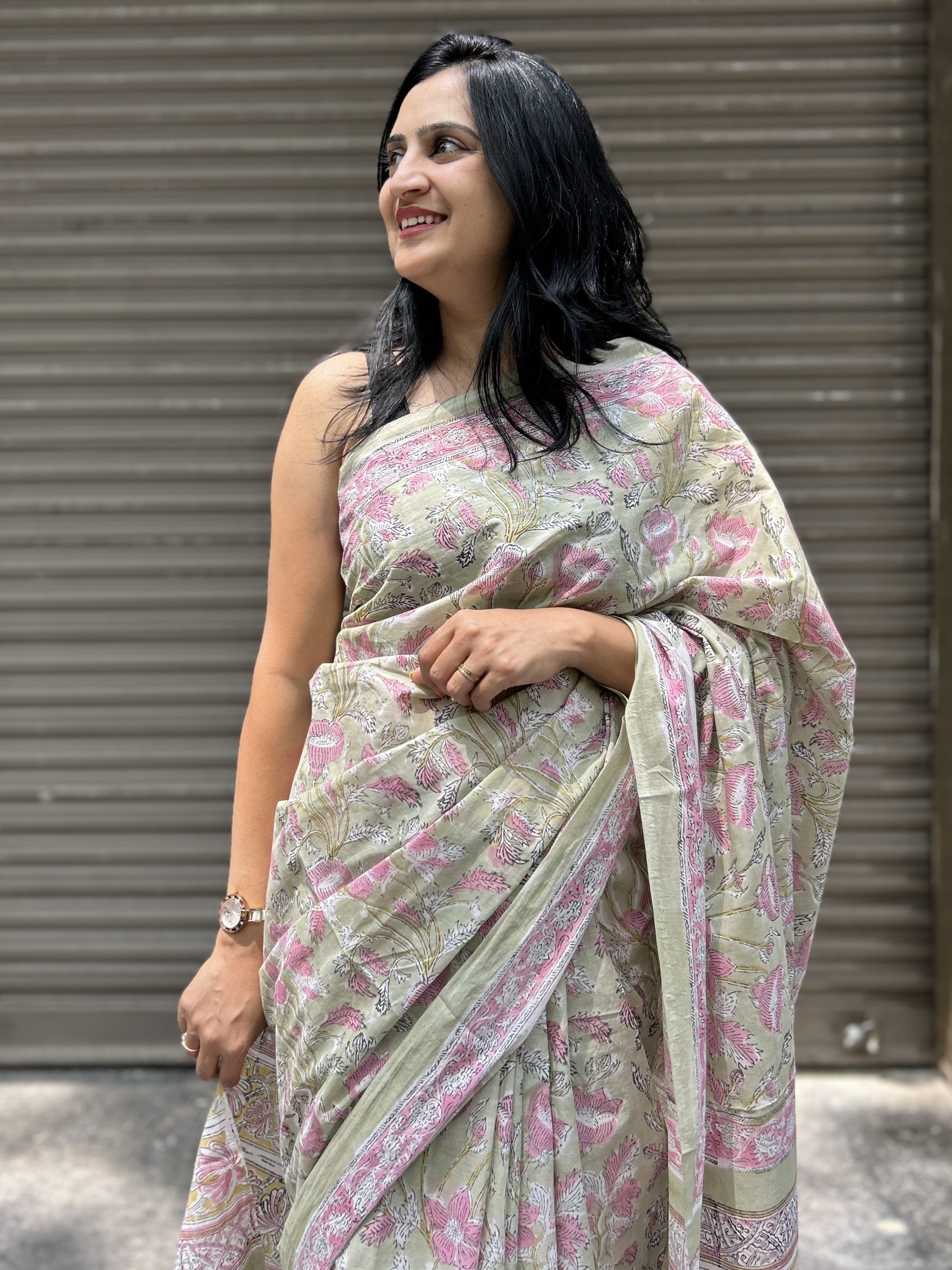 Baagru Mul Cotton Saree - Light Green