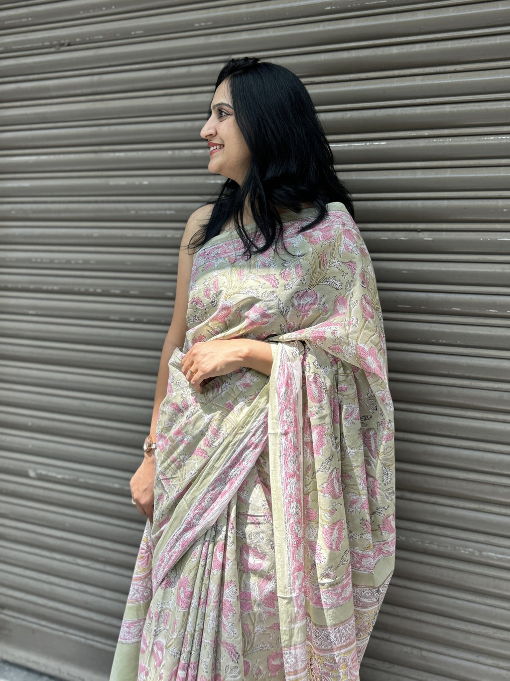 Baagru Mul Cotton Saree - Light Green