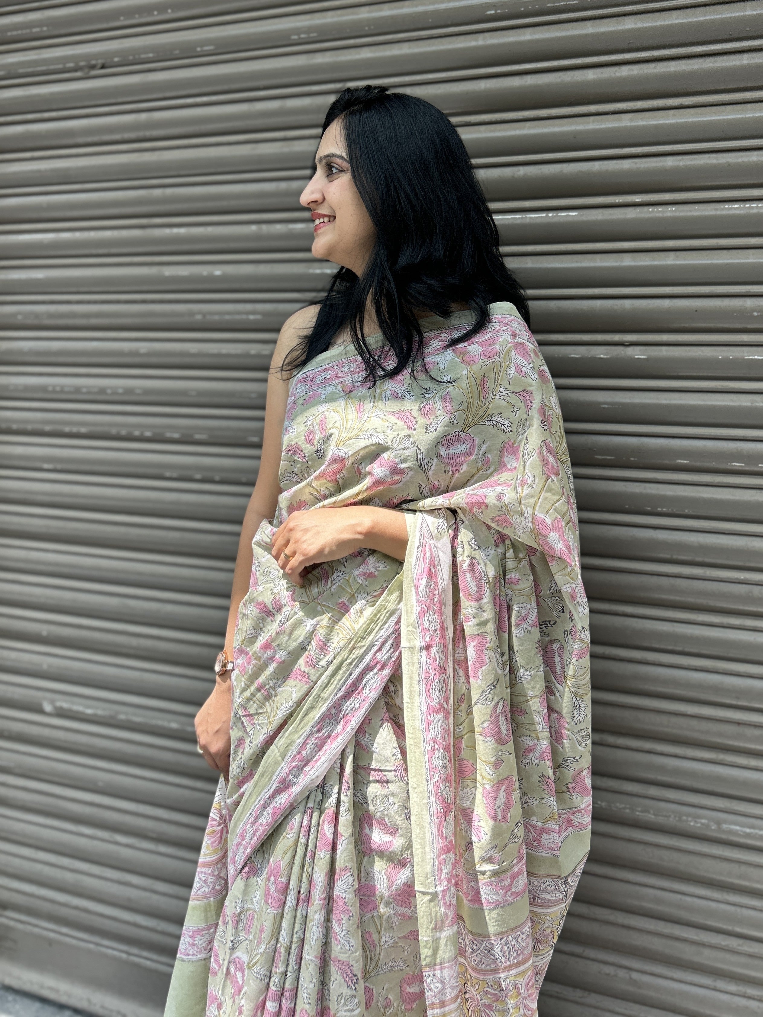 Baagru Mul Cotton Saree - Light Green