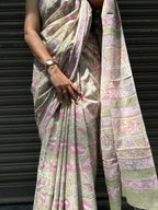 Baagru Mul Cotton Saree - Light Green