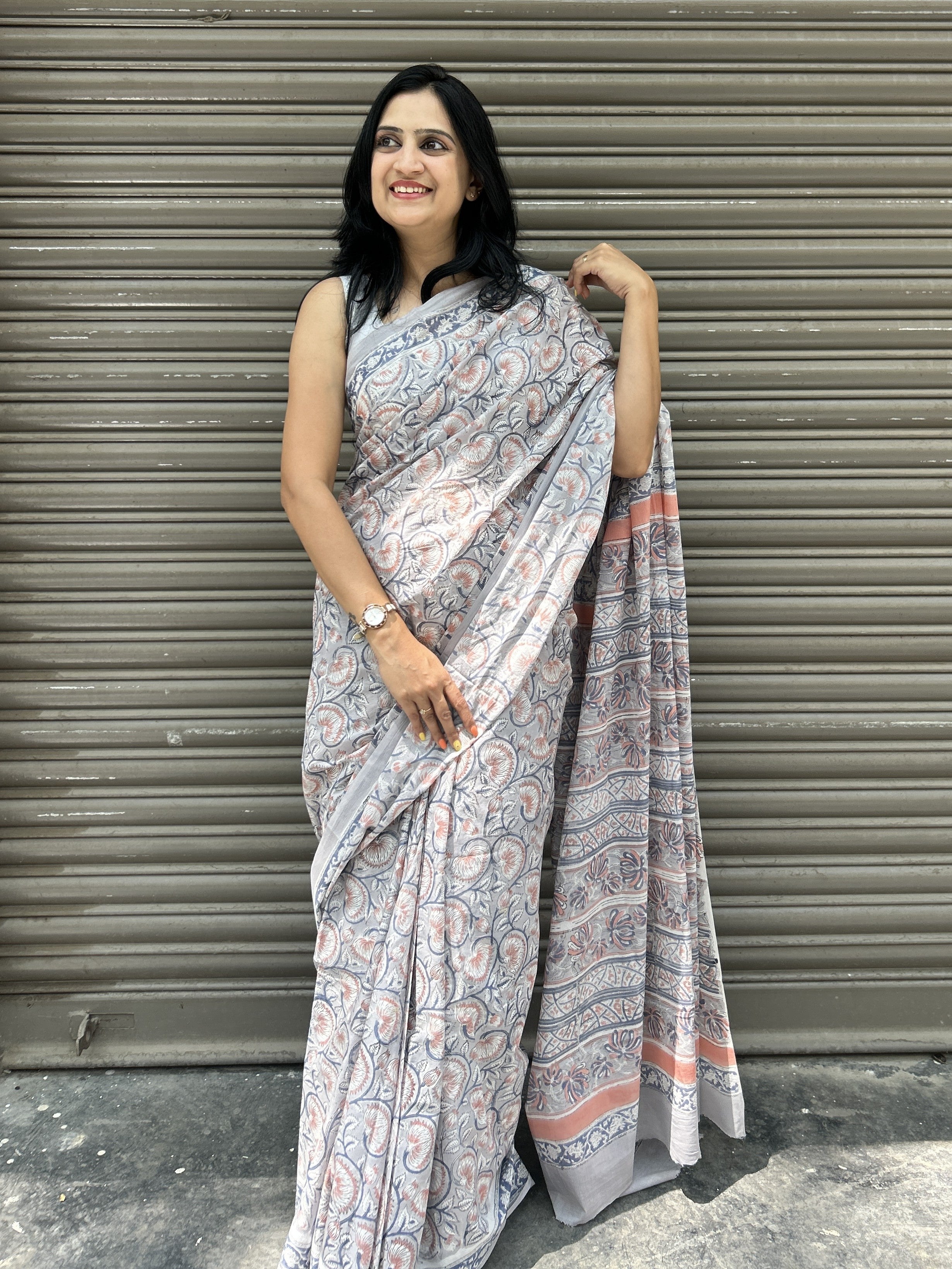 Baagru Mul Cotton Saree - Grey
